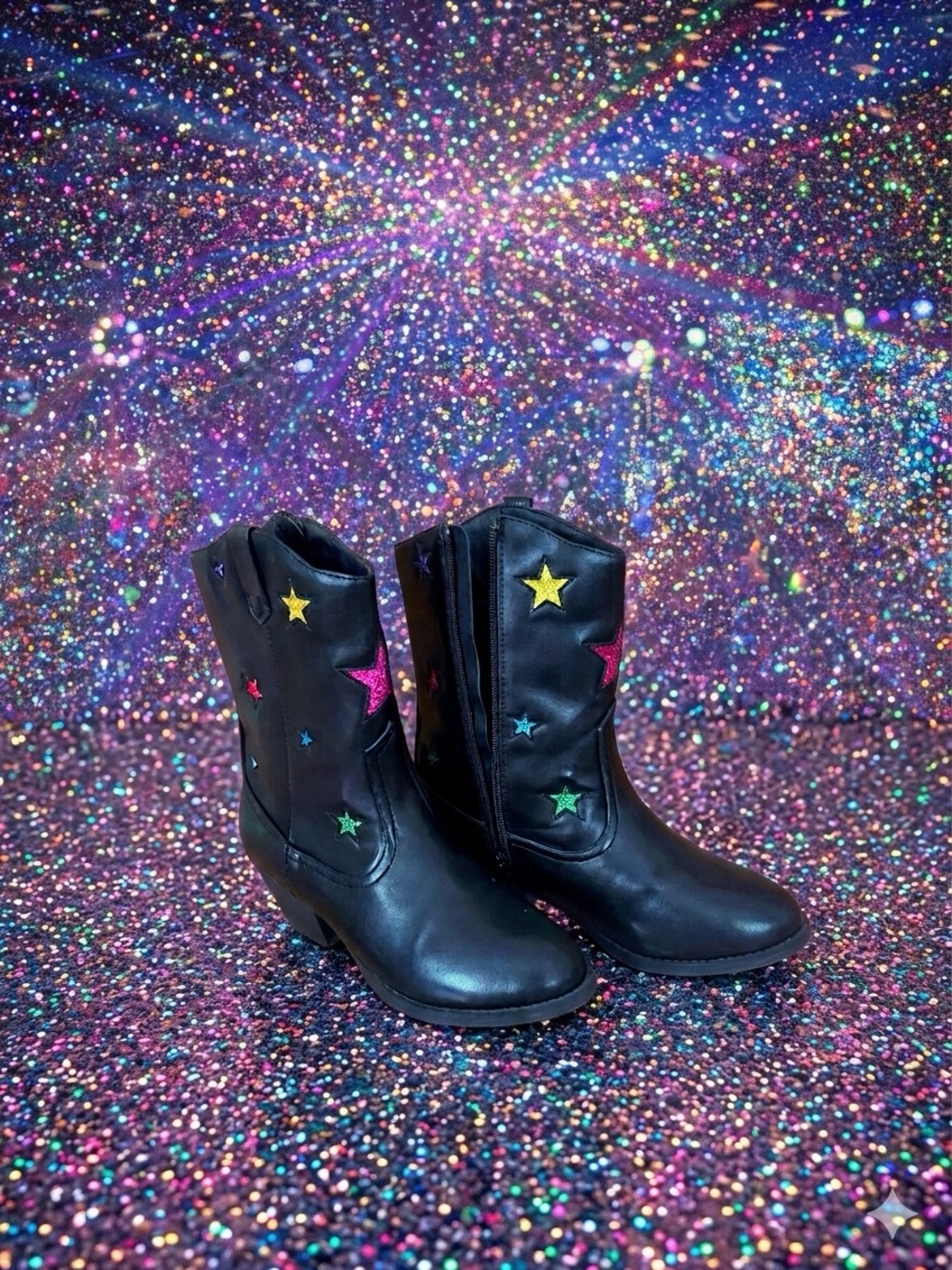 NWT: MIA Black Kids Star Embroidered Boots with Multicolor Stars by